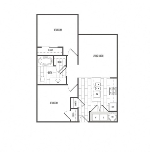 Floor plan for 2 beds, 1 bath, 864 sqft